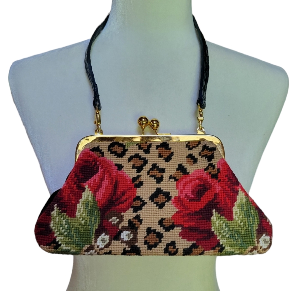 CLEVER CARRIAGE CO NEEDLEPOINT ROSE VELVET HANDBAG